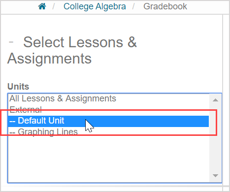 A unit is selcted from the units list of the gradebook search page.